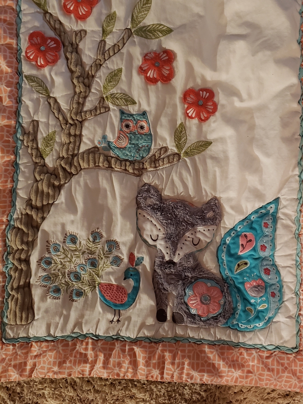 Levtex Quilted Baby Blanket with Fox, Peacock & Owl - White, Teal, Coral